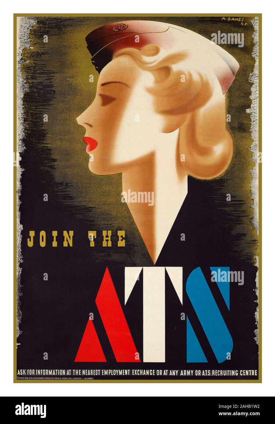 Vintage WW2 1940 La propagande affiche de recrutement britannique, 'INSCRIVEZ-VOUS L'ATS' lithographie en couleurs, la Deuxième Guerre mondiale, 1941, imprimé par Fosh & Cross Ltd., Londres, par l'artiste designer Jeux Abram Seconde Guerre mondiale Banque D'Images