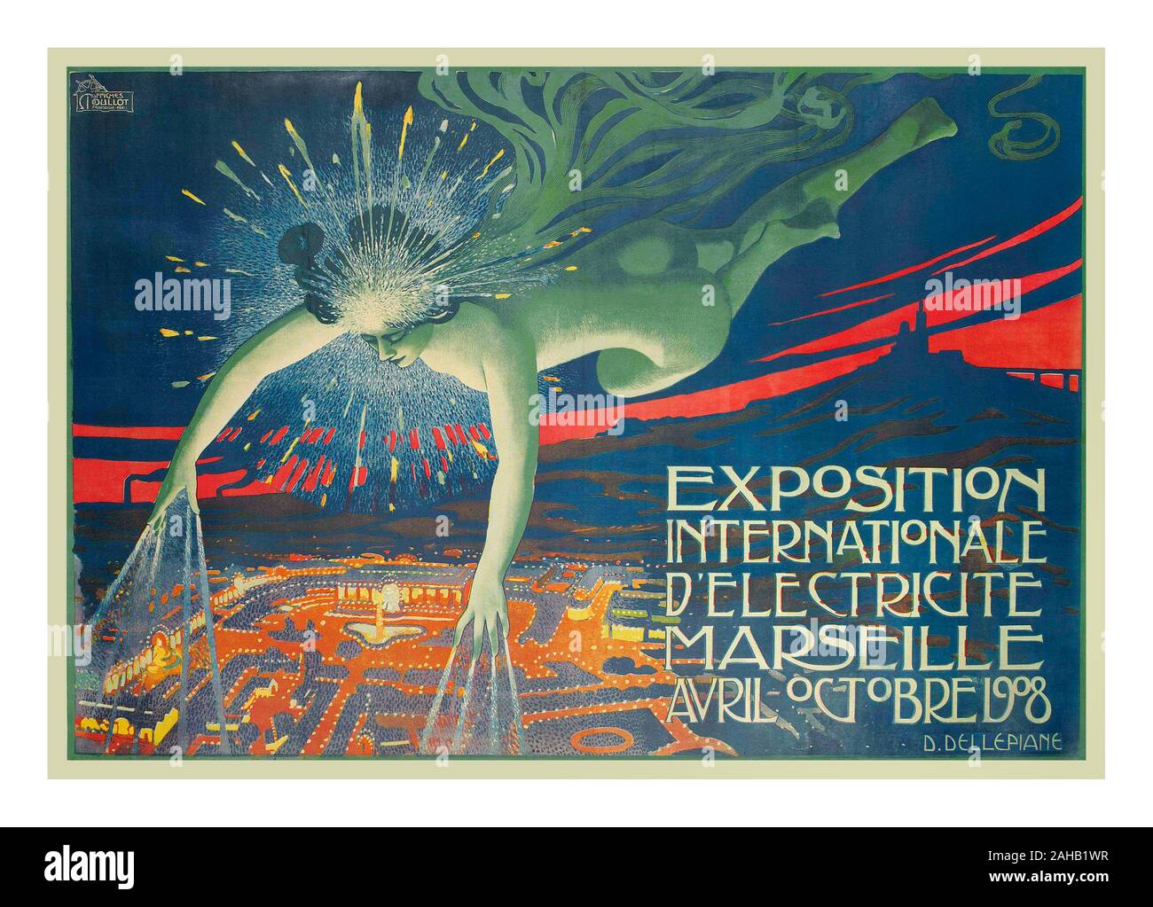 Vintage poster exposition promotion de l'électricité 'EXPOSITION INTERNATIONALE D'Electricité, MARSEILLE AVRIL OCTOBRE 1908 lithographie en couleurs', 1908, imprimé par Moullot Fils Aine, Marseille, l'artiste David Dellepiane (1866-1932) Banque D'Images