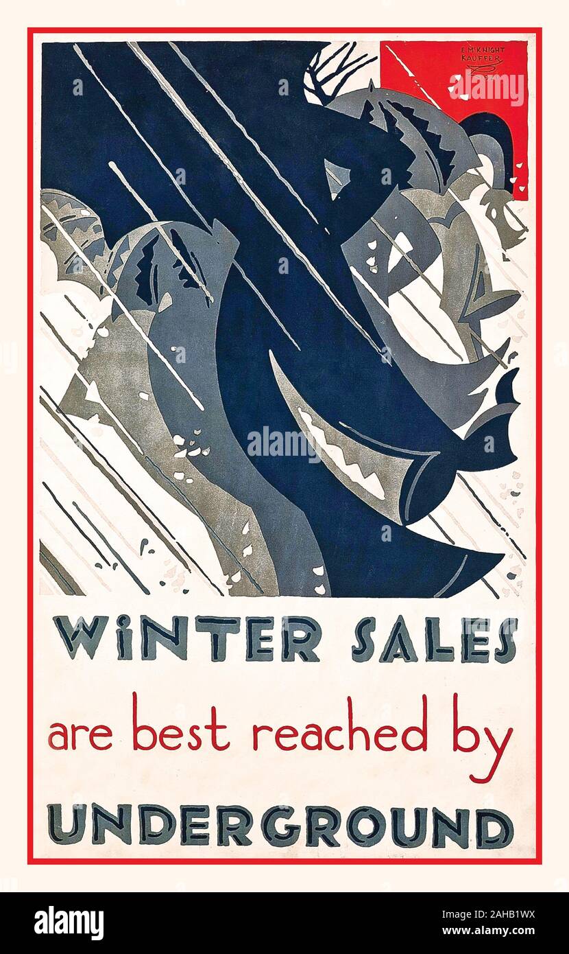 1920 Ventes Vintage poster Londres UK 'LES SOLDES D'HIVER SONT LES MIEUX ACCESSIBLE EN MÉTRO" lithographie en couleurs, 1921, imprimé par Vincent Brooks Jour & Son Ltd, Londres, par l'artiste designer Edward McKnight Kauffer (1890-1954) Banque D'Images