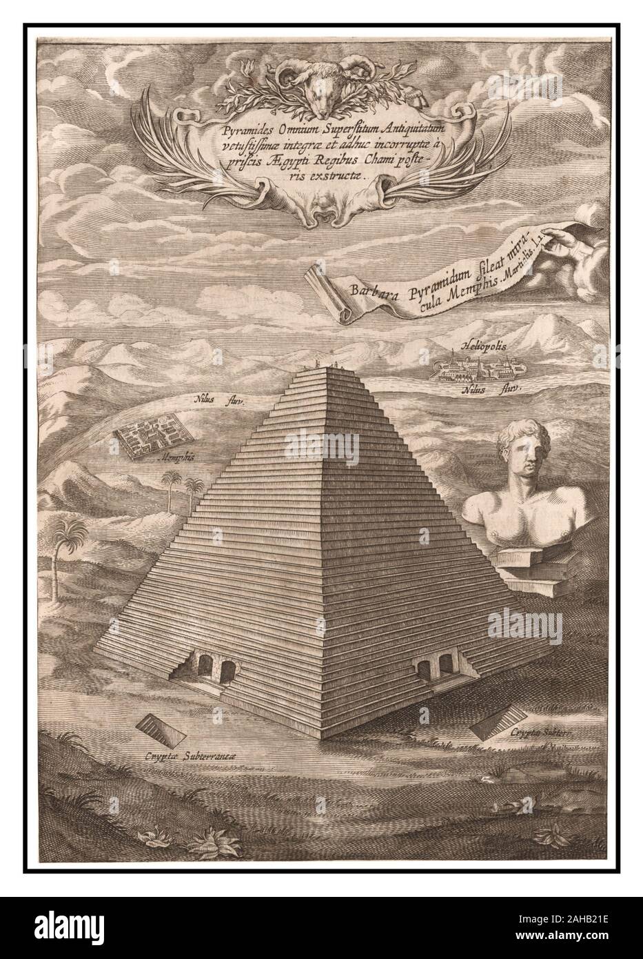 Turris Babel : gravure illustration 1679 Grande Pyramide et le Sphinx de Gizeh, Athanase Kircher (Allemand dessinateur, graveur, et érudit, 1602-1680) Illustration date:1679 Banque D'Images