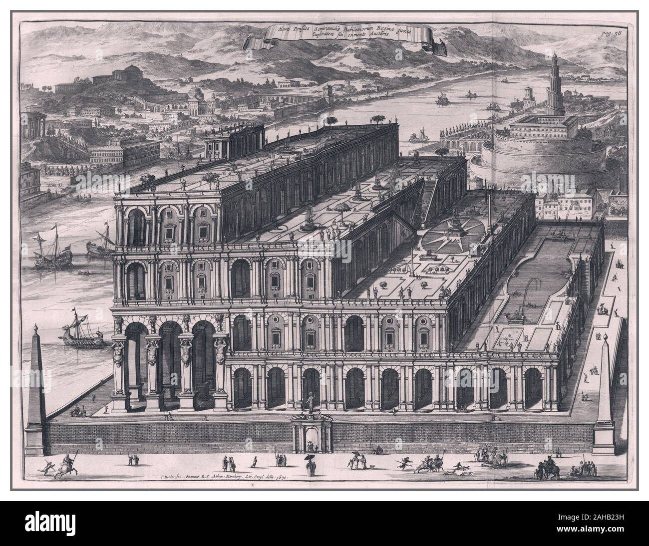 Jardins suspendus de Babylone Turris Babel : illustration de gravure des années 1600 Hanging Gardens of Babylone, Kircher Athanase dessinateur allemand, graveur et érudit, (1602-1680) les jardins suspendus de Babylone étaient l'une des sept merveilles du monde antique répertoriées par la culture hellénique. Il a été décrit comme un exploit remarquable d'ingénierie avec une série ascendante de jardins étagés contenant une grande variété d'arbres, d'arbustes et de vignes, ressemblant à une grande montagne verte construite de briques de boue. Banque D'Images