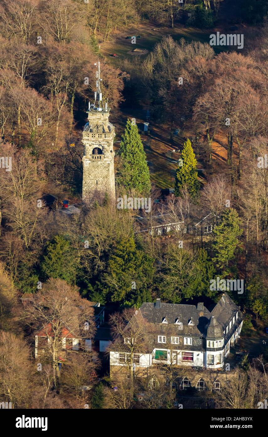Photo aérienne, tour Bismarck (ancienne tour de radio de la Wehrmacht), la maison de l'arbre d'escalade escalade - bistro, parc, Hordtberg, Langenberg, Velbert, R Banque D'Images