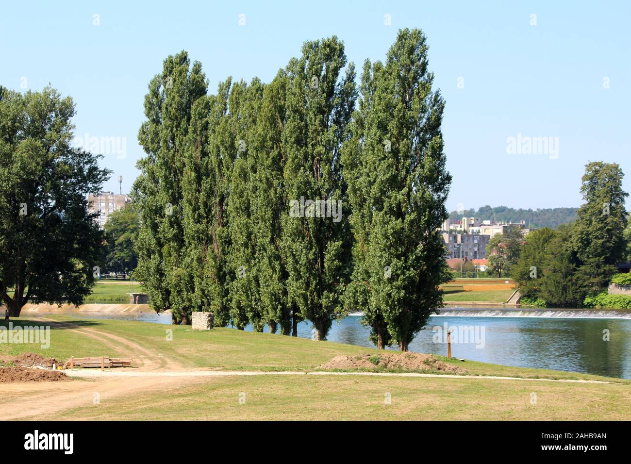 Rangée de très grands arbres étroit à côté de rivière calme entouré d'herbe et des trottoirs en construction avec petite cascade et les immeubles à appartements Banque D'Images