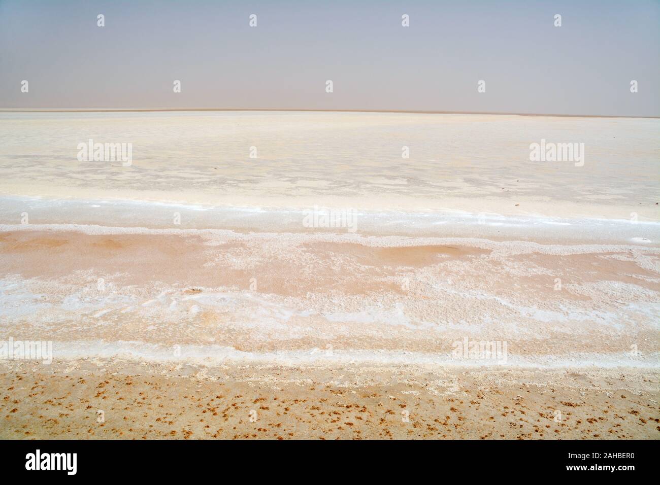 Le lit plat et sec exposé du lac de sel de Chott el Djerid près de la ville de Tozeur dans le désert du Sahara de Tunisie méridionale, Afrique du Nord. Banque D'Images