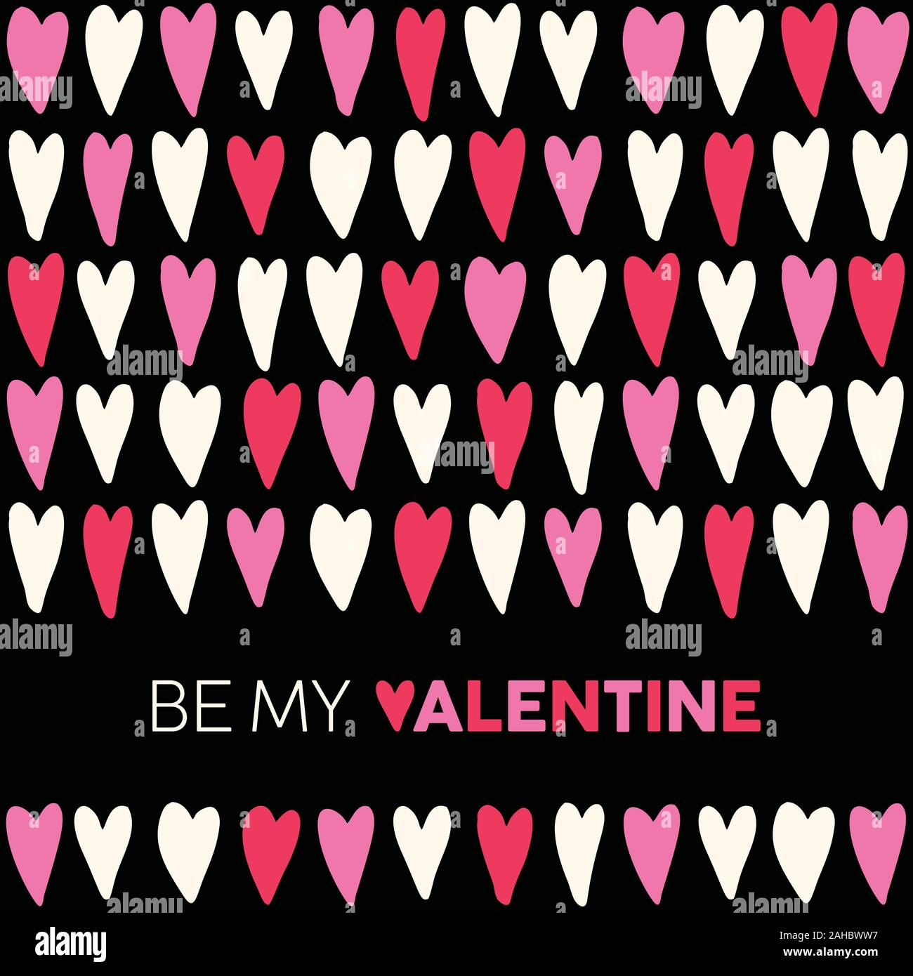 Be My Valentine Text Square Carte de souhaits avec Hand-Drawn Lire Rose et coeur sur fond noir. Cute Girly romantique féminin Imprimer Illustration de Vecteur