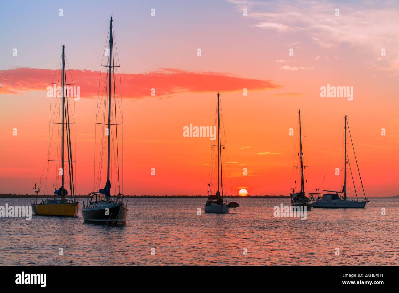 Groupe de cinq voiliers ensemble sur la mer au soleil couchant Banque D'Images