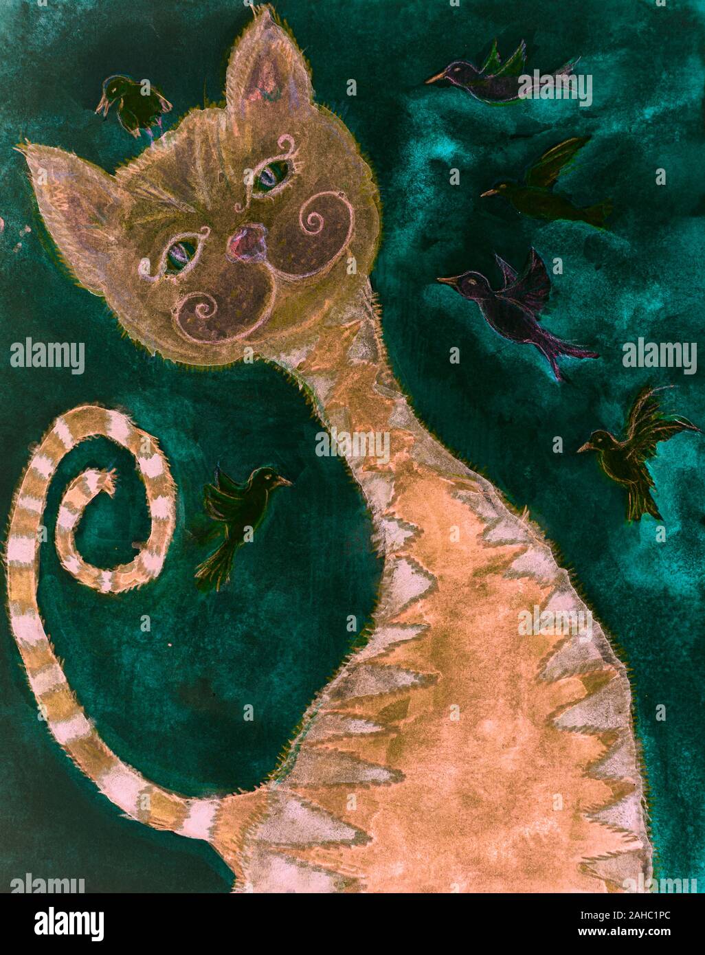 Psychedelic cat et du oiseaux. La technique du badigeonnage près des bords donne un effet de flou en raison de la modification de la rugosité de surface du papier. Banque D'Images