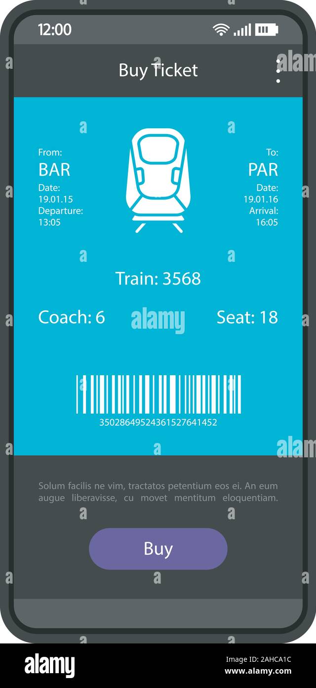 Réservation de billets en ligne et l'achat de l'interface de l'application  du modèle vectoriel. E-tickets de commander. Page d'application Mobile  black design mise en page. Tique train électronique Image Vectorielle Stock  -