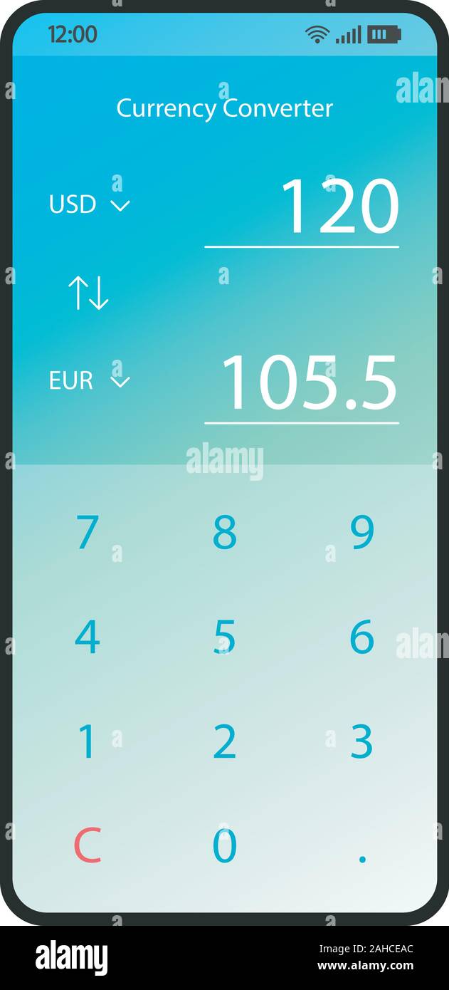 Convertisseur de devises app smartphone interface vector modèle. Page  échangeur Mobile blue design mise en page. Calculatrice de conversion de  l'argent écran. Télévision gradie Image Vectorielle Stock - Alamy