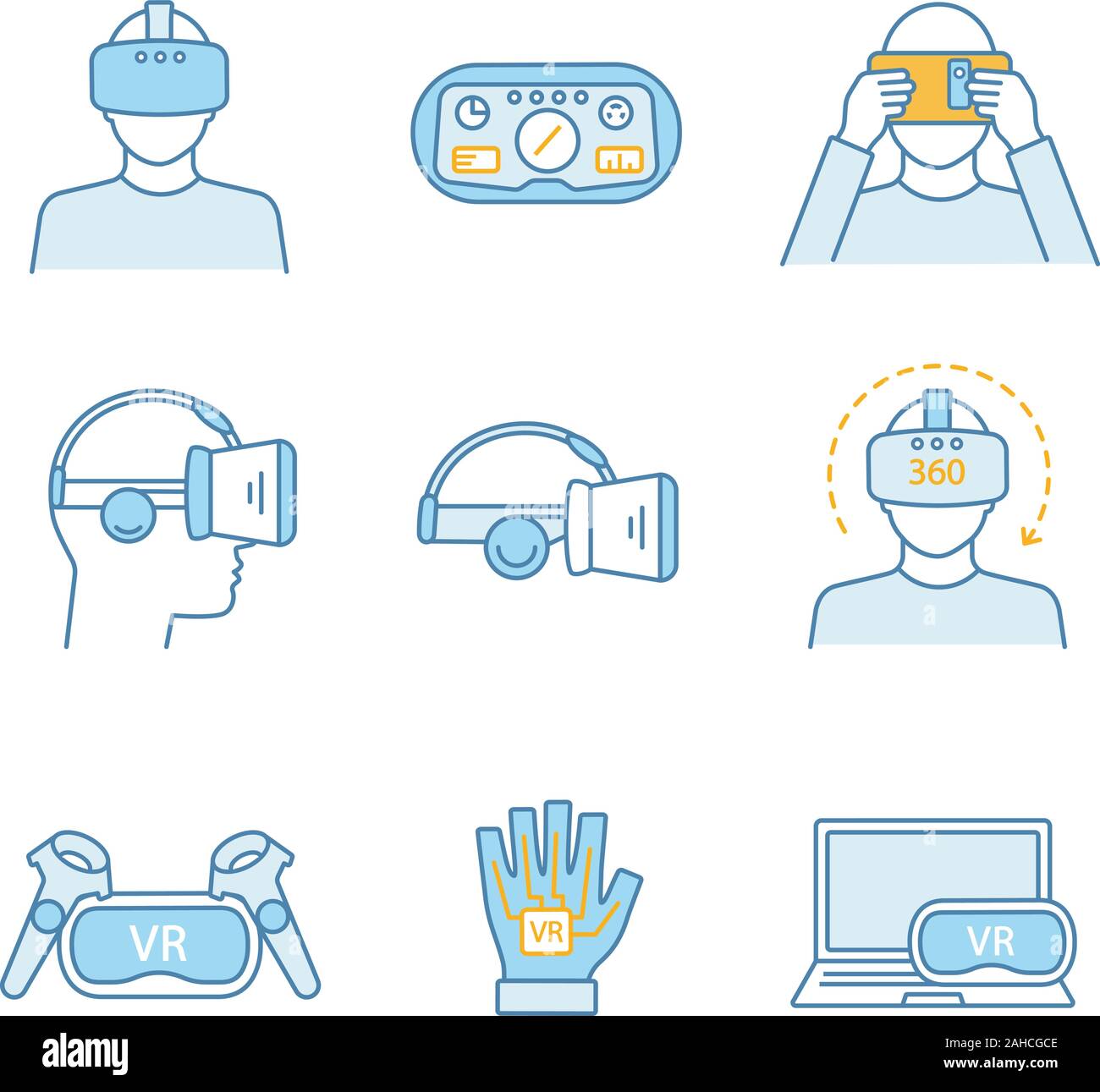 Les icônes de couleur définie. Jeux joueurs VR, casques, contrôleurs, HUD, gant, ordinateur, vidéo. Dispositifs de réalité virtuelle. Illust vectorielles Illustration de Vecteur