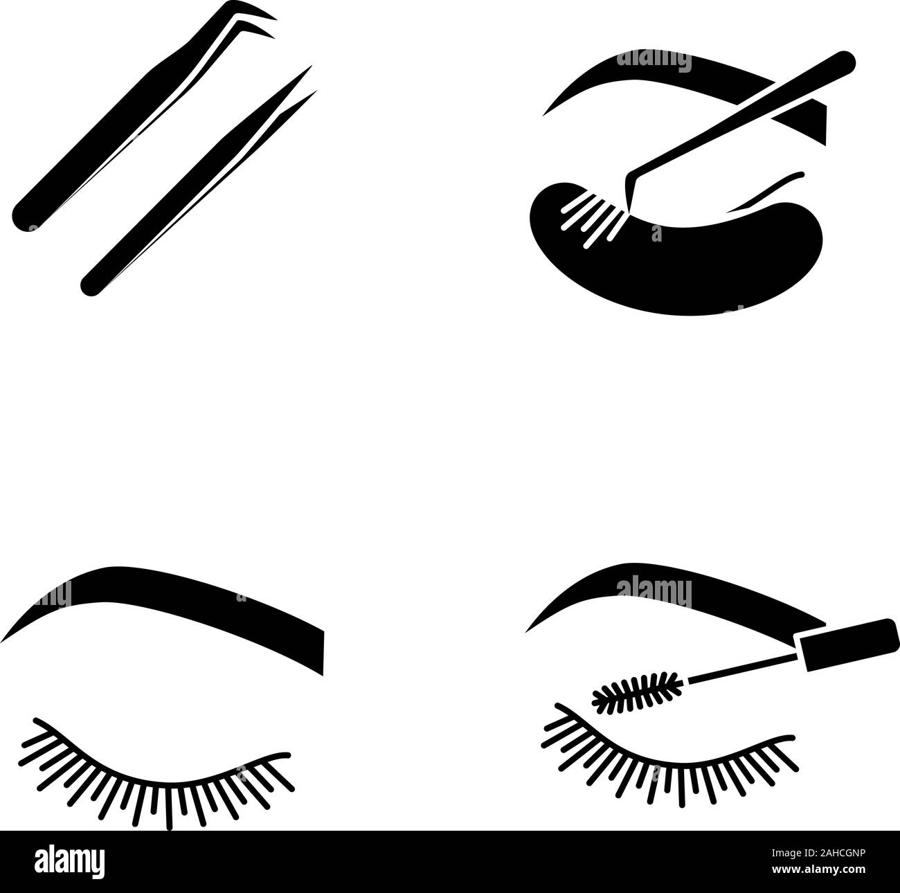 Extension de cils glyphe icons set. Symboles de Silhouette. Brucelles droites et courbes a souligné, fermé les yeux de la femme, mascara, cils individuels classique e Illustration de Vecteur