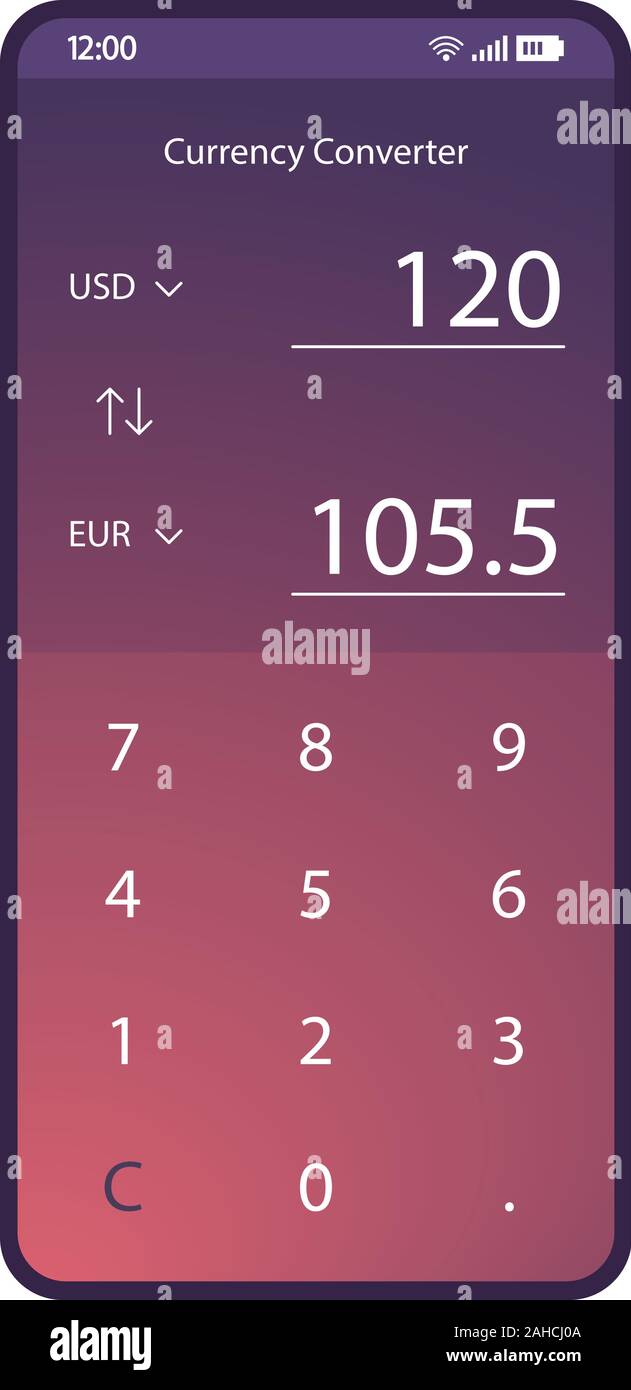 Convertisseur de devises app smartphone interface vector modèle.  L'échangeur d'argent Mobile violet page Disposition de conception.  Conversion calculatrice écran. Télévision grad Image Vectorielle Stock -  Alamy