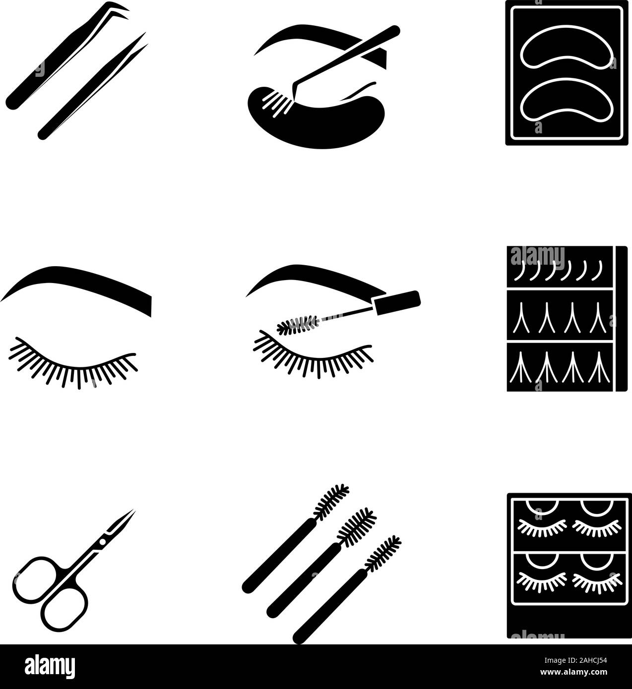 Extension de cils glyphe icons set. Symboles de Silhouette. Brucelles, tampons jetables de l'ombre à paupières, fermé les yeux de la femme, le mascara wands, ciseaux, extension de cils Illustration de Vecteur