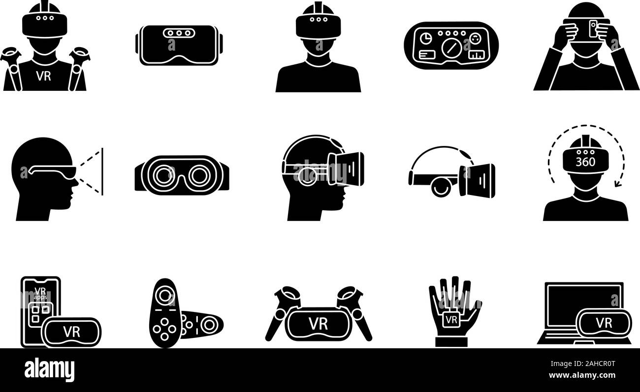 Glyphe de réalité virtuelle icons set. Symboles de Silhouette. VR jeux, applications, casque, contrôleurs, les joueurs. Dispositifs de réalité virtuelle. Vector isolated illustrat Illustration de Vecteur Glyphe de réalité virtuelle icons set. Symboles de Silhouette. VR jeux, applications, casque, contrôleurs, les joueurs. Dispositifs de réalité virtuelle. Vector isolated illustrat Illustration de Vecteur