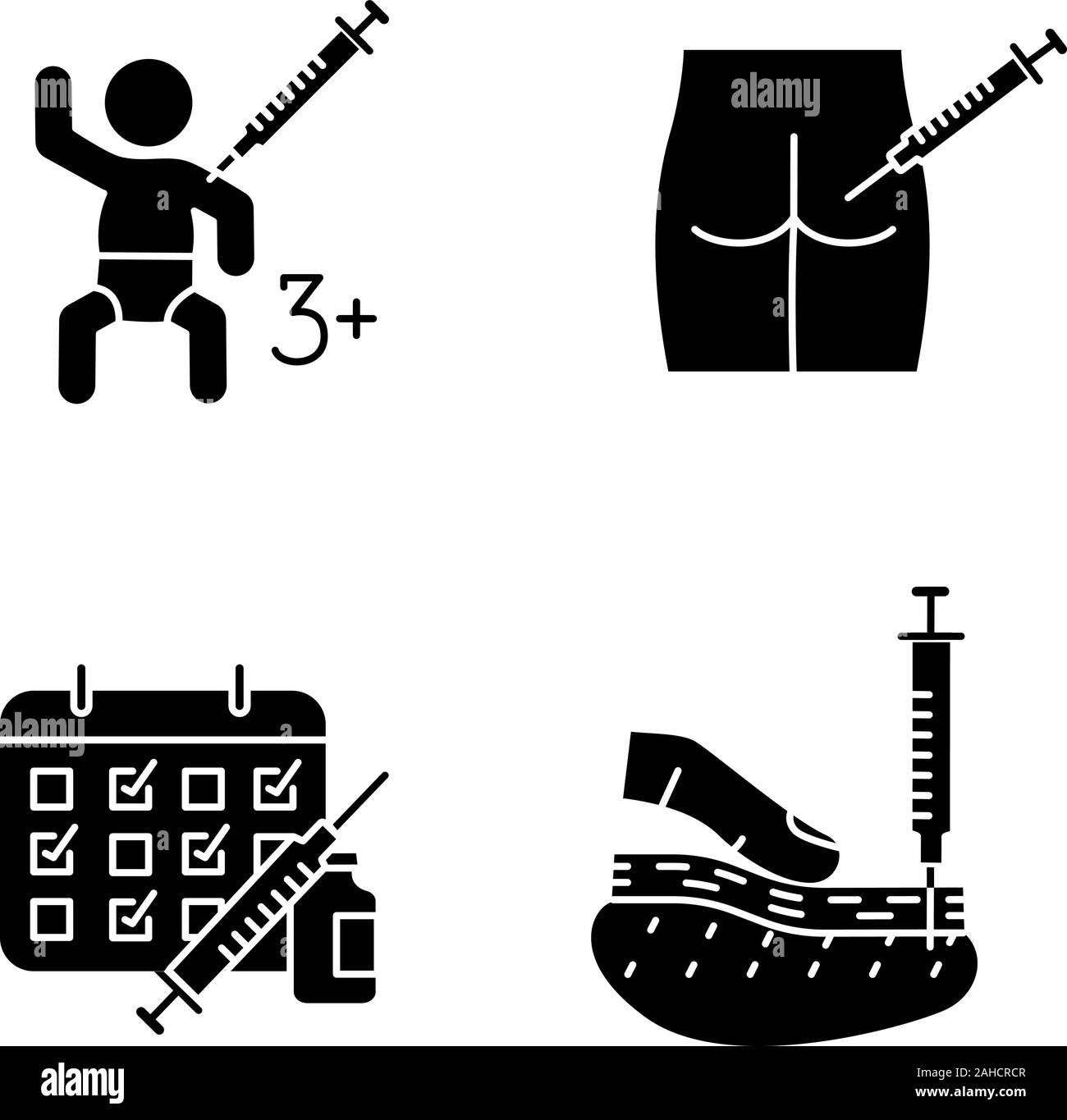 La vaccination et l'immunisation glyphe icons set. Symboles de Silhouette. Sous-cutanée, intramusculaire, kid's arm, injection calendrier des vaccinations. L'injection en Illustration de Vecteur