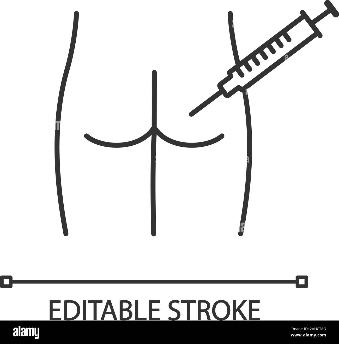 L'injection intramusculaire icône linéaire. Fine ligne illustration. L'injection de fesses. Glute médical shot. Le traitement des maladies, la prévention. Symbole de contour. Vec Illustration de Vecteur