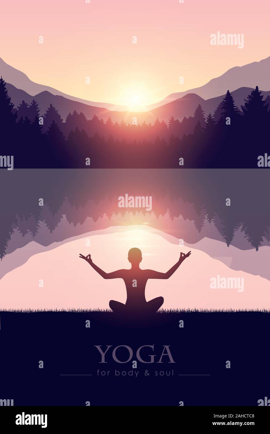 Le yoga pour le corps et l'âme par la silhouette personne méditant avec paysage de montagne lac illustration vecteur EPS10 Illustration de Vecteur