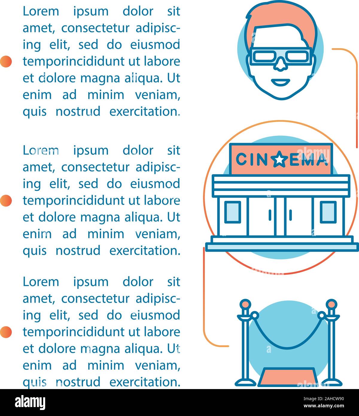 L'article cinéma vecteur page modèle. 3d movie premiere. Événement cinématographique de l'émotion. Brochure, brochure de l'élément de conception linéaire avec des icônes et des zones de texte. D'IMPRESSION Illustration de Vecteur