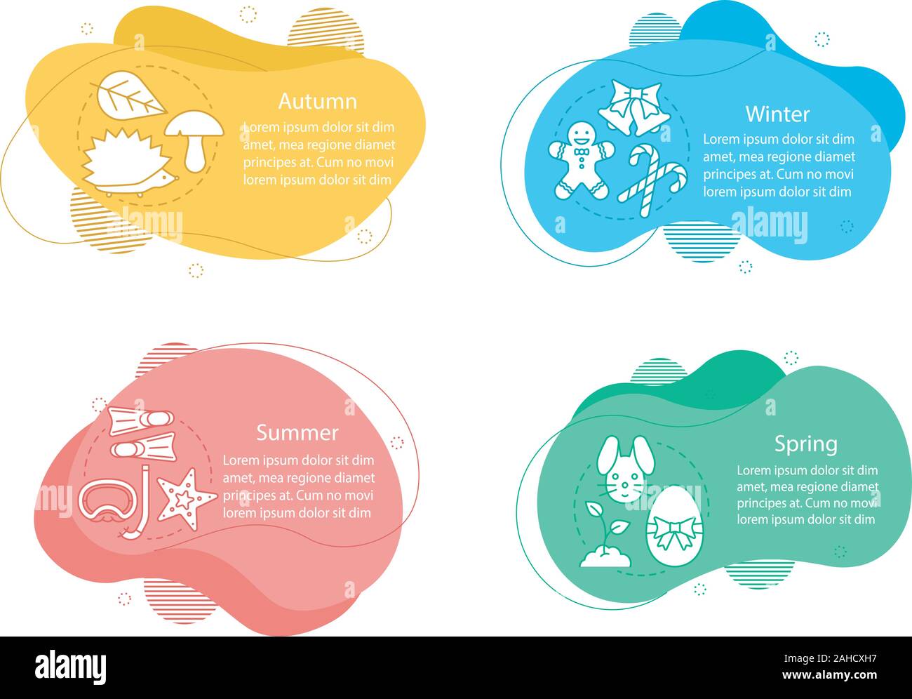 Quatre saisons concept illustrations. L'automne, hiver, printemps, été infographic template. Jours fériés, météo. Éléments de liquide avec du texte et des icônes linéaire. Illustration de Vecteur