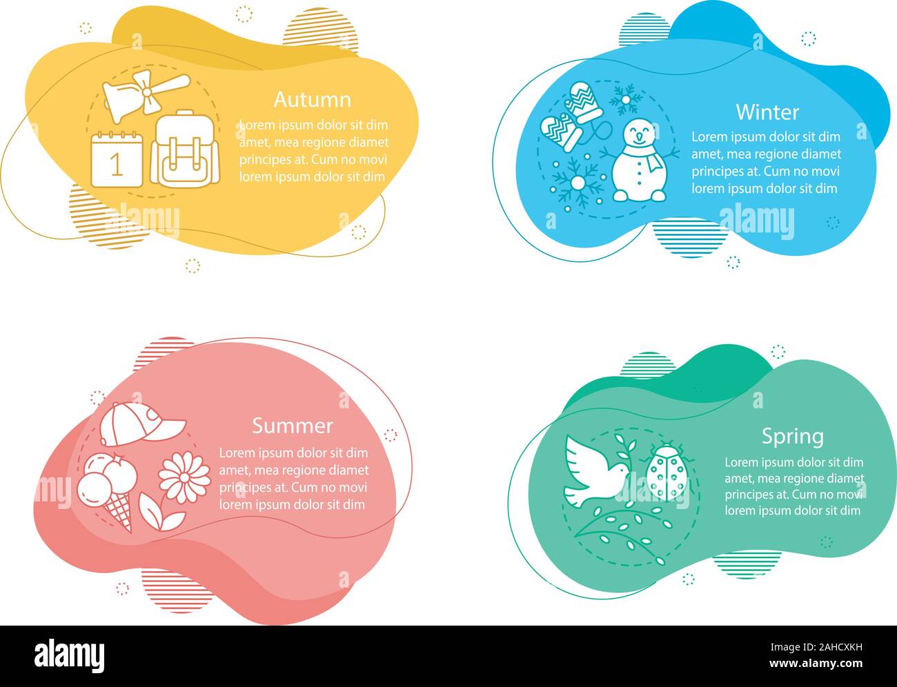 Quatre saisons concept illustrations. L'automne, hiver, printemps, été infographic template. Éléments de liquide avec du texte et des icônes linéaire. Étapes bulles ondulées Illustration de Vecteur