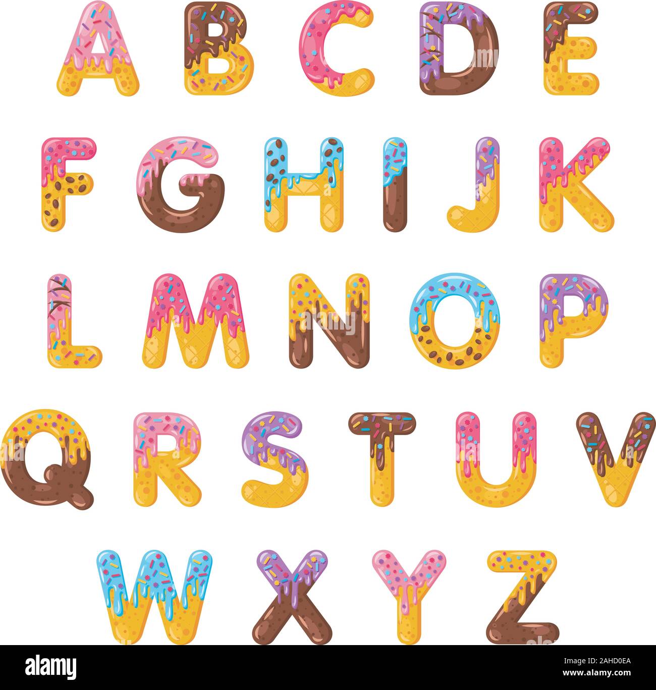 Alphabet cartoon Donut vector set. Biscuit caractères gras. Vitrage majuscules avec du glaçage. Tentant télévision design typographie. Les Cookies, gaufre, choco Illustration de Vecteur