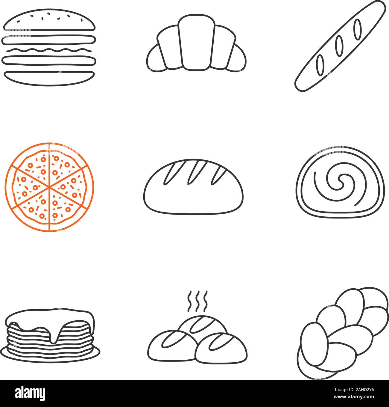 Linéaire boulangerie icons set. Burger, croissant, pain, pizza, pain rond, swiss roll, crêpes, pains, challah. Fine ligne contour des symboles. Ve isolés Illustration de Vecteur