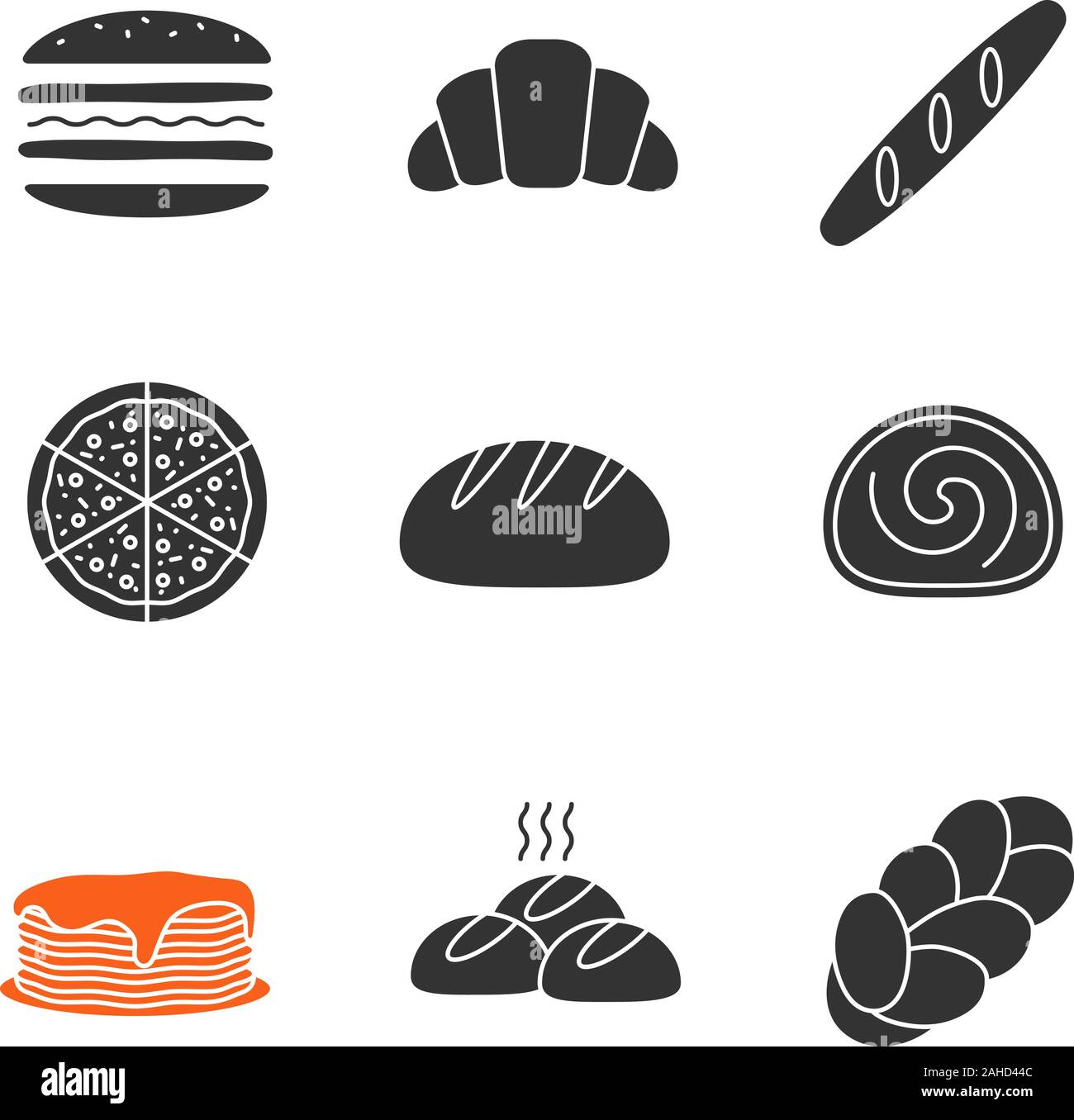 Glyphe de boulangerie icons set. Burger, croissant, pain, pizza, pain rond, swiss roll, crêpes, pains, challah. Symboles de Silhouette. Mal isolé du vecteur Illustration de Vecteur