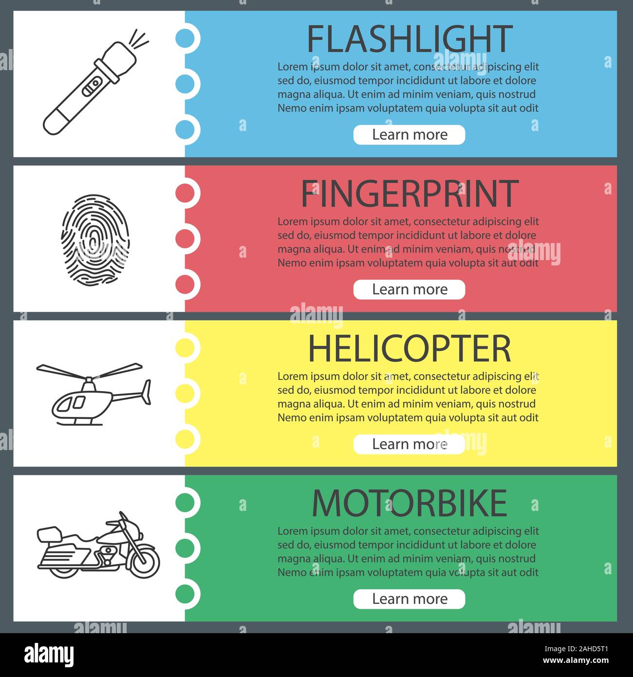 Modèles de page web de la police. Lampe de poche, des empreintes digitales, hélicoptère, moto. Couleur du site Menu avec icônes linéaire. En-têtes Vector design con Illustration de Vecteur