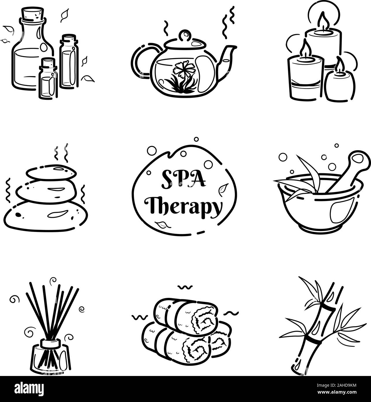 Ligne Spa therapy icons set sur fond blanc pour salon de bien-être. Massage détente dessin vectoriel. La santé du corps nature concept. Beauty soin des éléments de conception. Organique à base de collection. Illustration de Vecteur