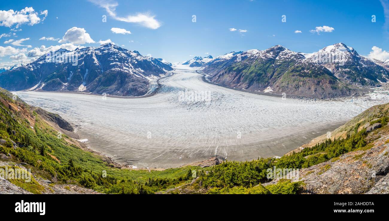 Beaux paysages montrant Glacier Salmon qui descendent des montagnes, Hyder, Alaska, USA Banque D'Images