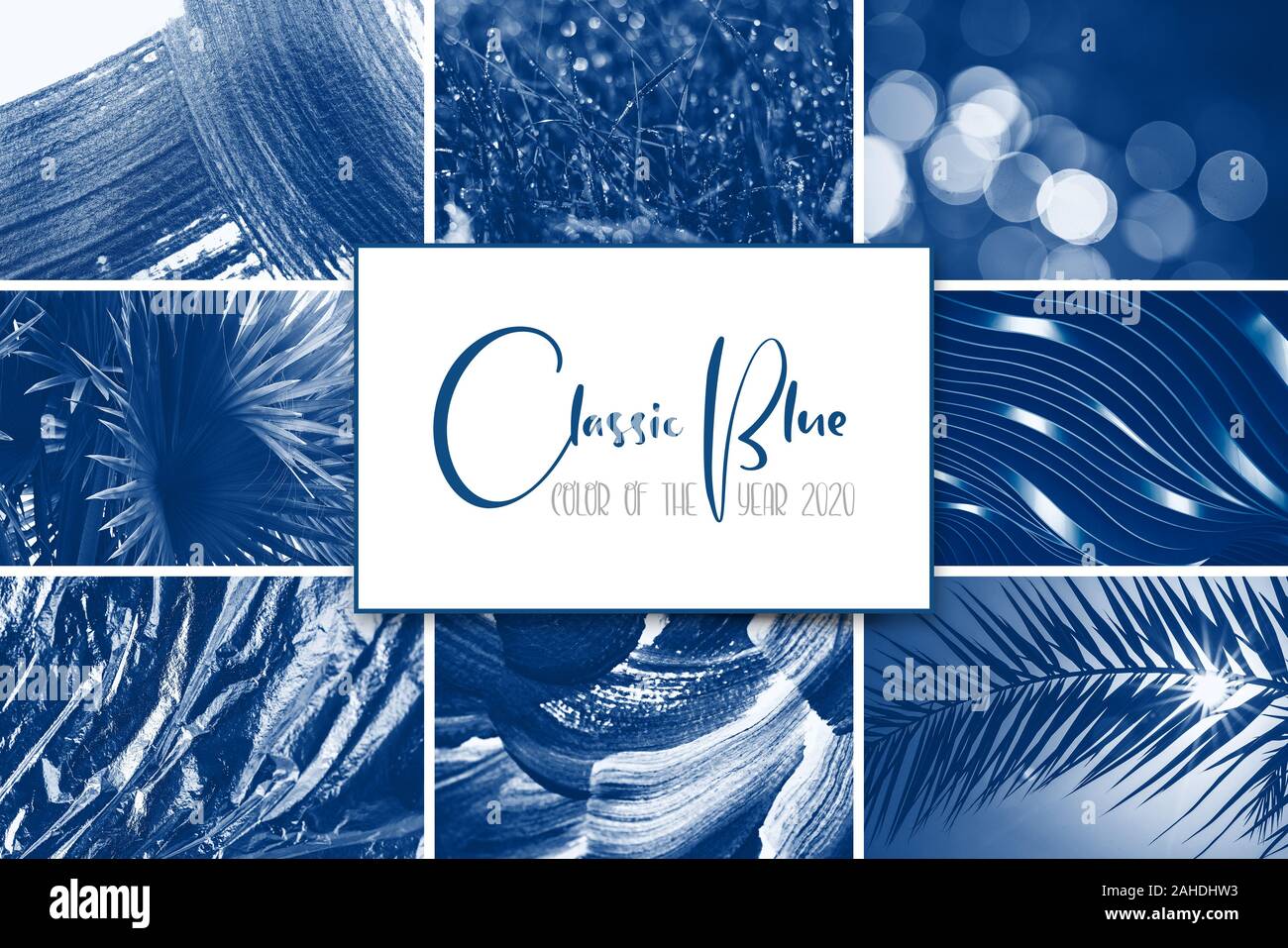 Collage créatif de couleur bleu classique 2020. Photos, Set toning palmiers tropicaux, peinture acrylique. Bokeh Abstract background Banque D'Images