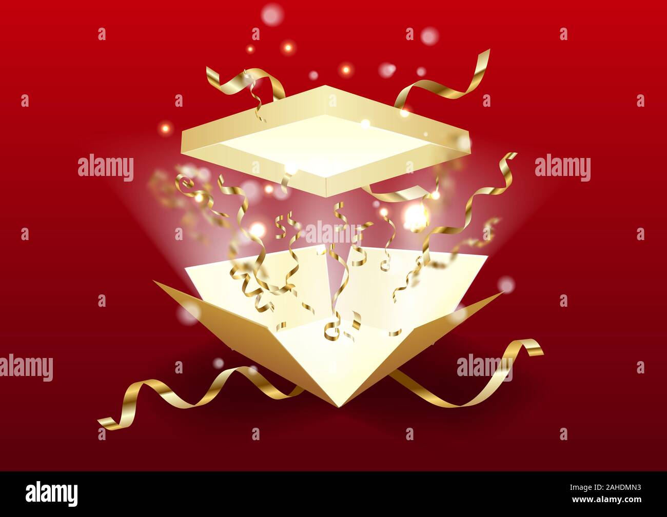 Ouvrez la boîte-cadeau avec des rayons de lumière et battant des rubans. vector Banque D'Images