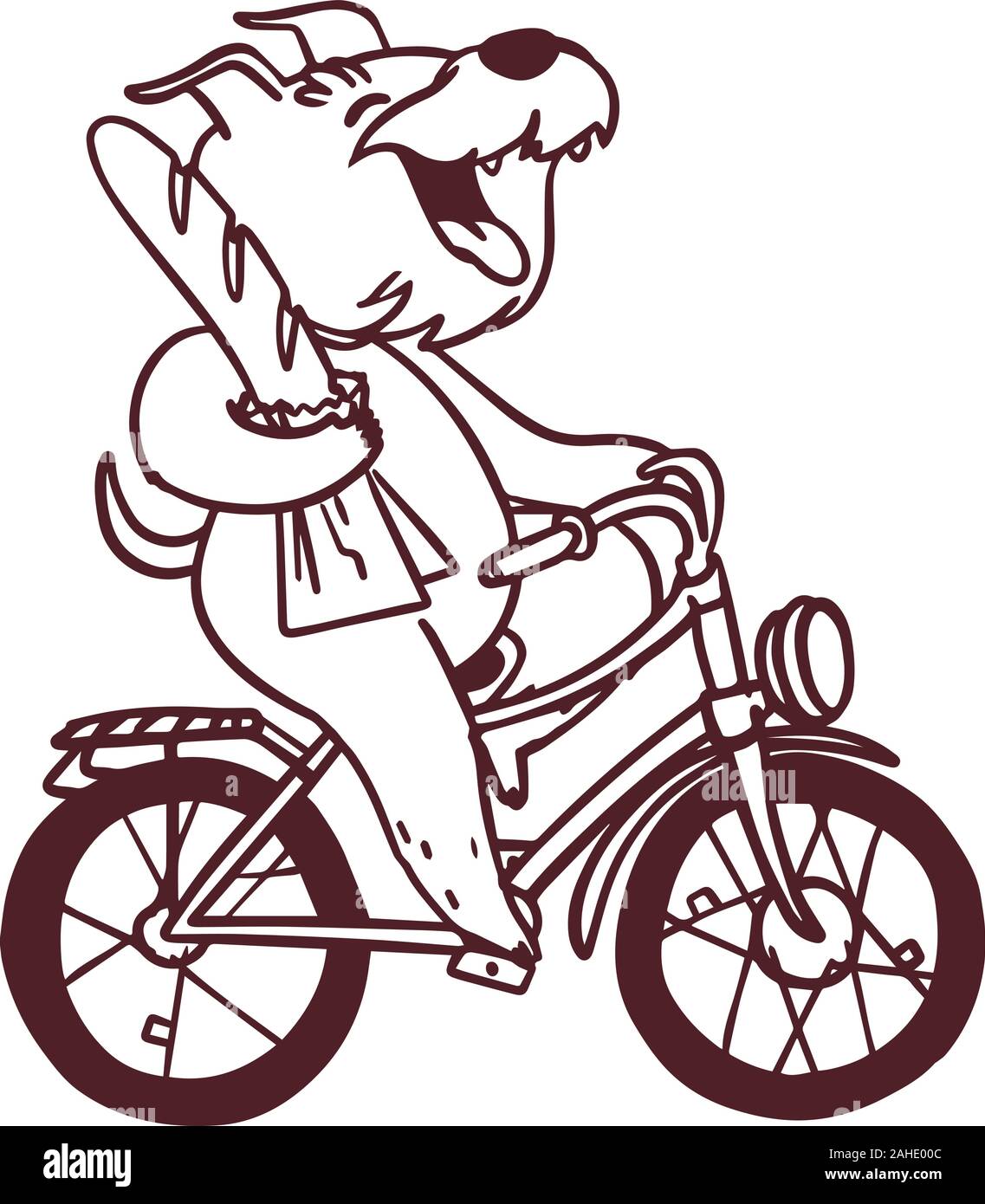 Un joli chien sur un vélo avec une baguette. Coloriages pour enfants. Illustration de Vecteur