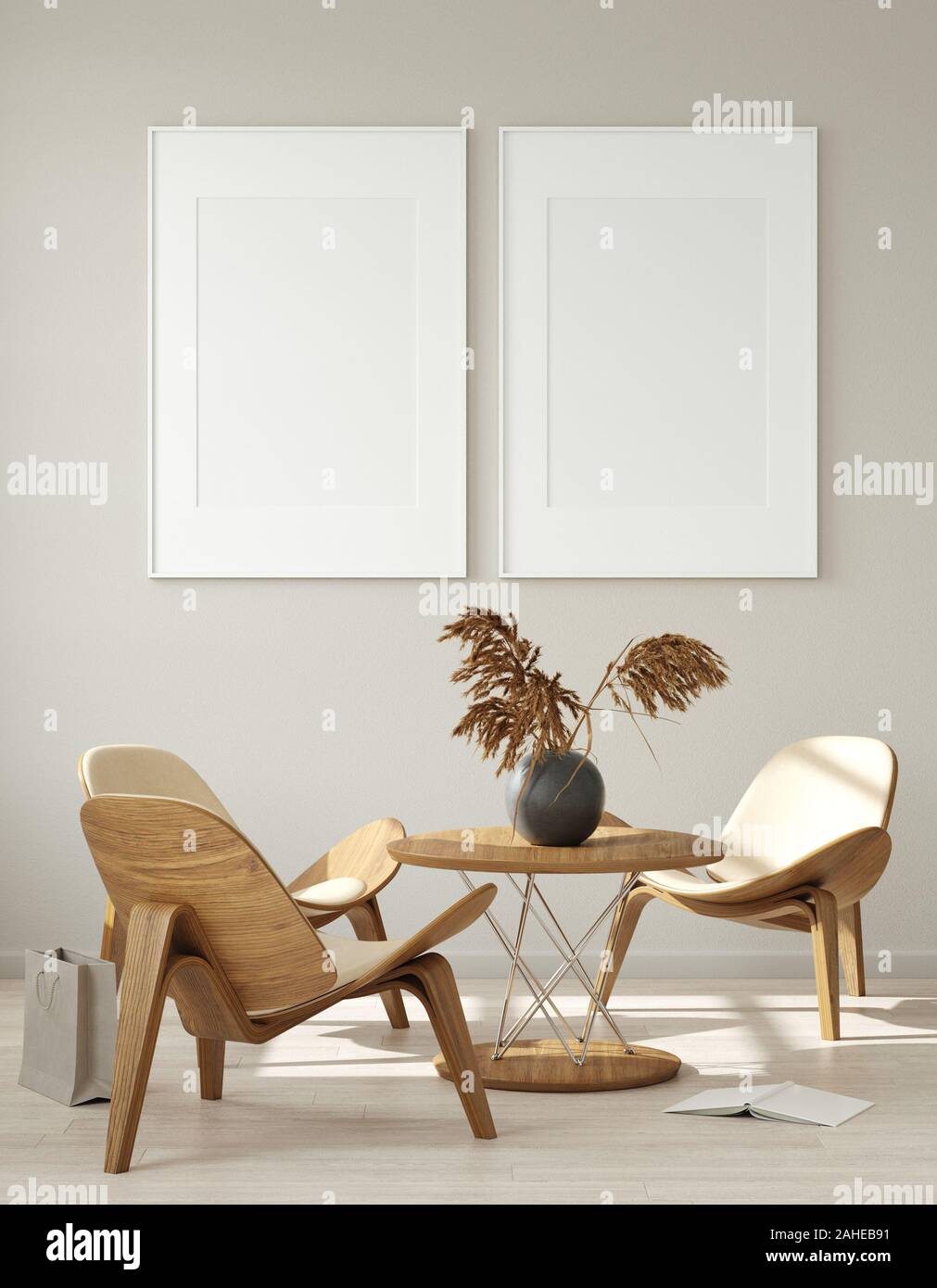 Maquette affiche in modern living room interior. Intérieur de style scandinave. 3D render Banque D'Images