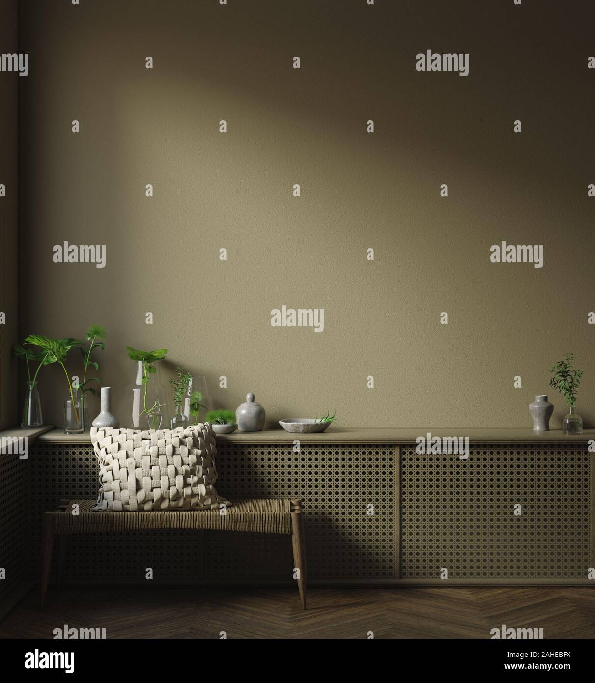 Mur, maquette du châssis intérieur minimaliste sombre en close up, 3D render Banque D'Images