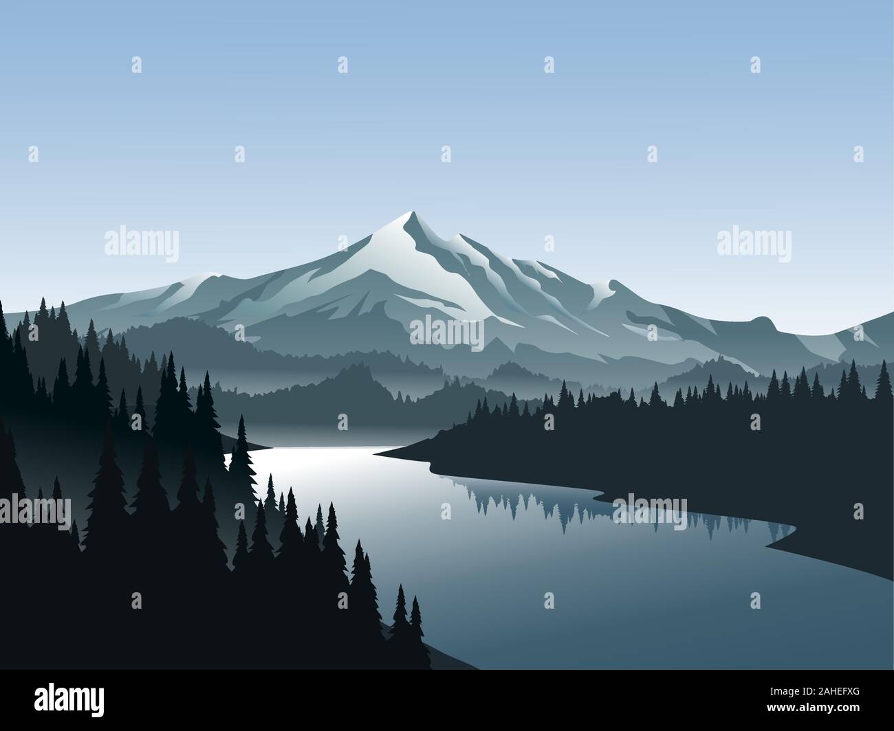 Paysage de montagne avec fleuve et sapin Illustration de Vecteur