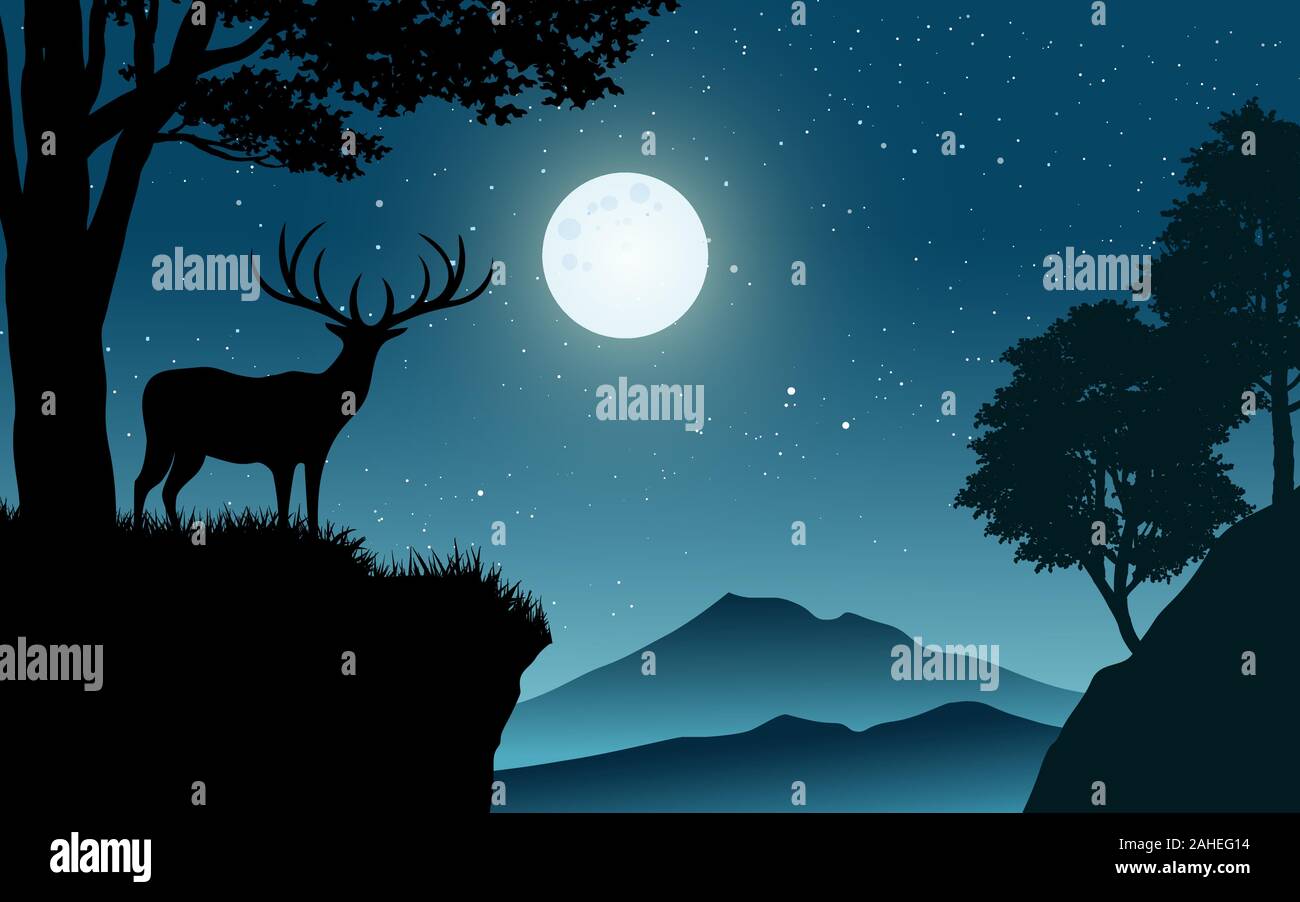 Paysage de nuit avec le cerf et lune Illustration de Vecteur
