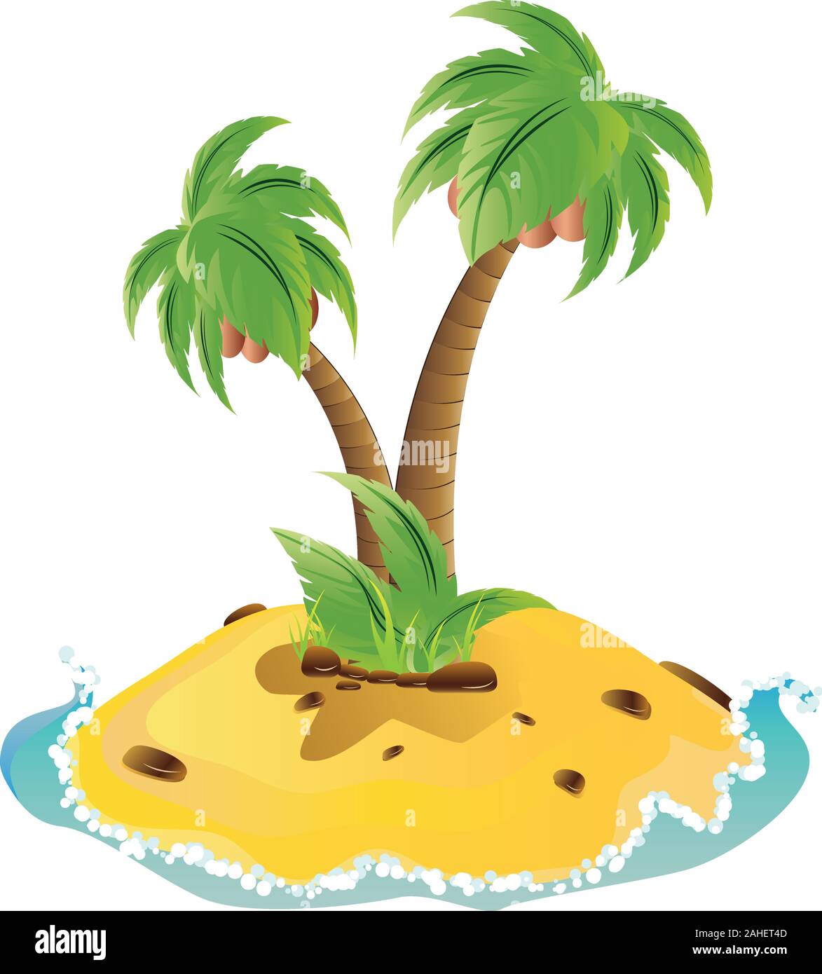 Petite île avec deux palmiers et sable jaune. Illustration de Vecteur