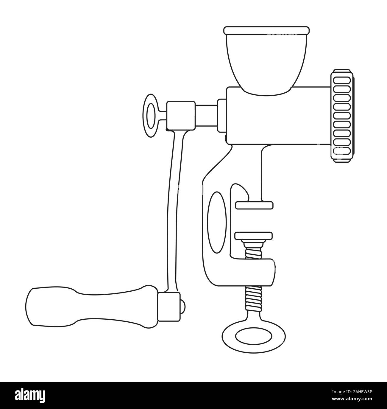 Une vieille fonte actionnés hachoir à viande dans contour noir sur un fond blanc Illustration de Vecteur