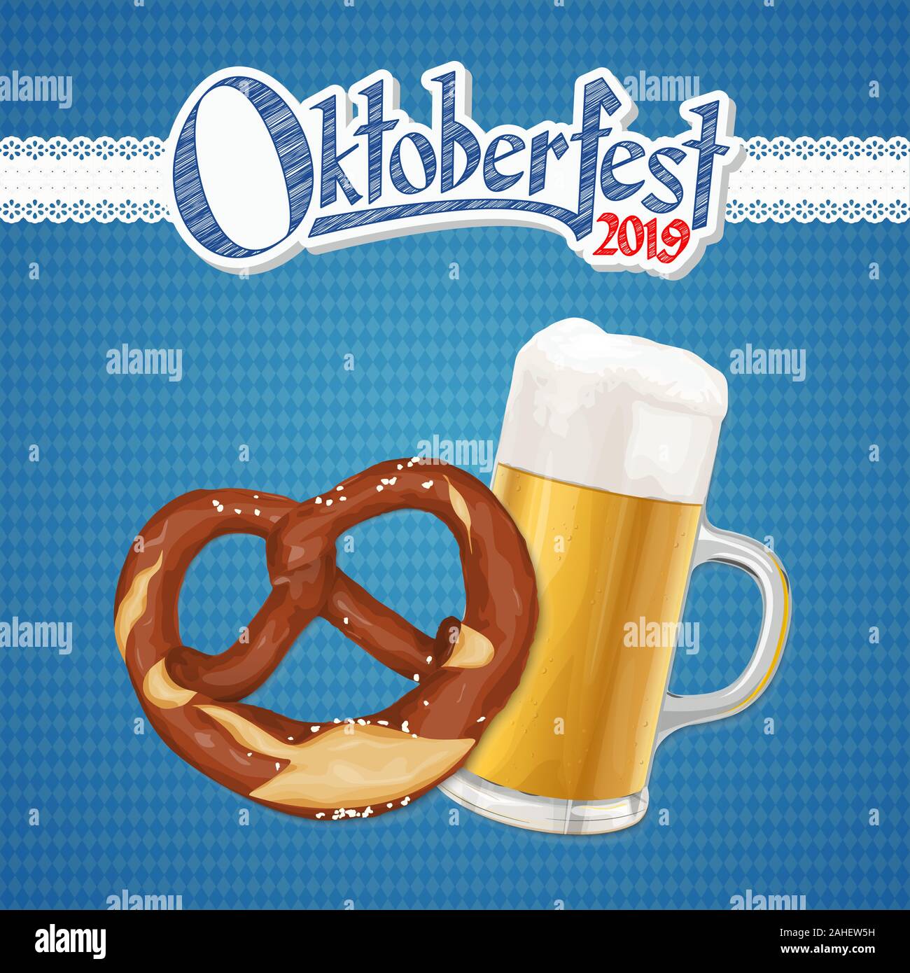 Oktoberfest 2019 Arrière-plan avec un bretzel et un verre de bière Illustration de Vecteur
