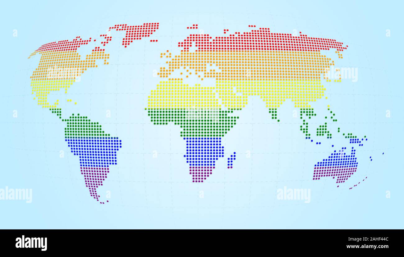 Carte du monde en pointillés avec le mouvement LGBT couleurs du drapeau arc-en-ciel sur fond bleu clair. Concept illustration haute résolution. Banque D'Images