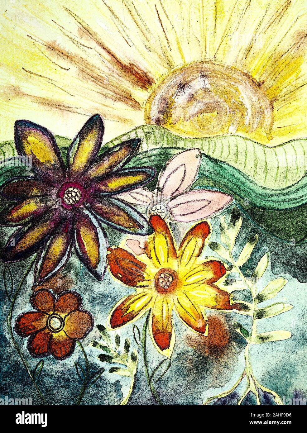 Fresque de fleurs hippie au soleil. La technique du badigeonnage près des bords donne un effet de flou en raison de la modification de la rugosité de la p Banque D'Images