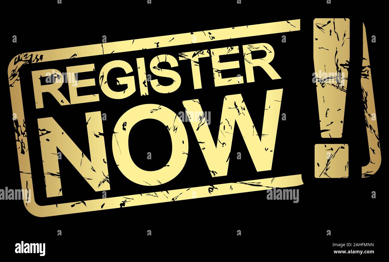 Grunge stamp avec cadre d'or, gros point d'exclamation et le texte s'ENREGISTRER MAINTENANT ! Illustration de Vecteur