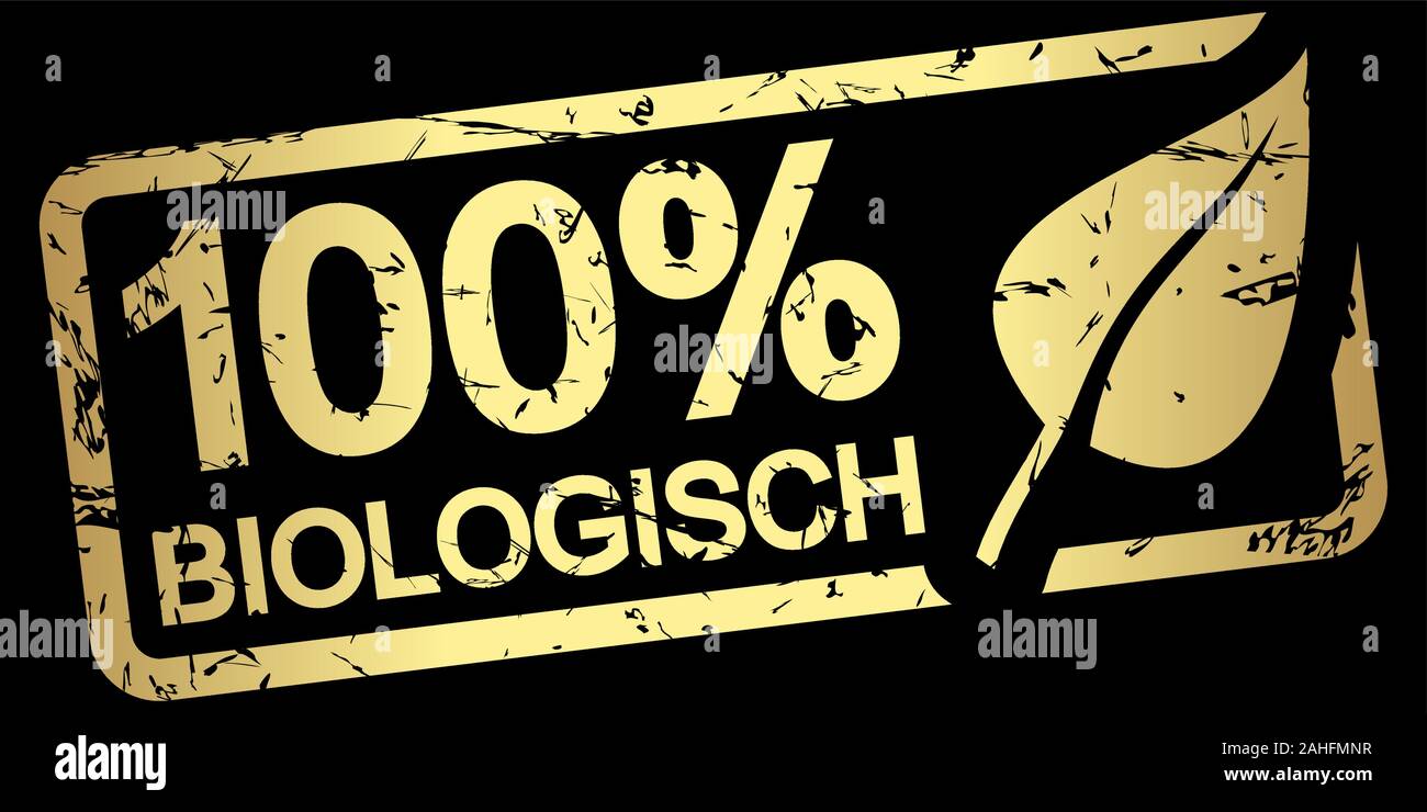 Grunge gold stamp avec bâti, l'érable grandifolié et texte 100 % biologique (en allemand) Illustration de Vecteur