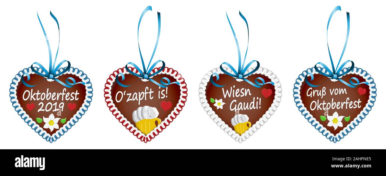 Coeurs d'épice illustré avec Blue Ribbon Bow et le texte en allemand pour l'Oktoberfest 2019 2020 fois Illustration de Vecteur