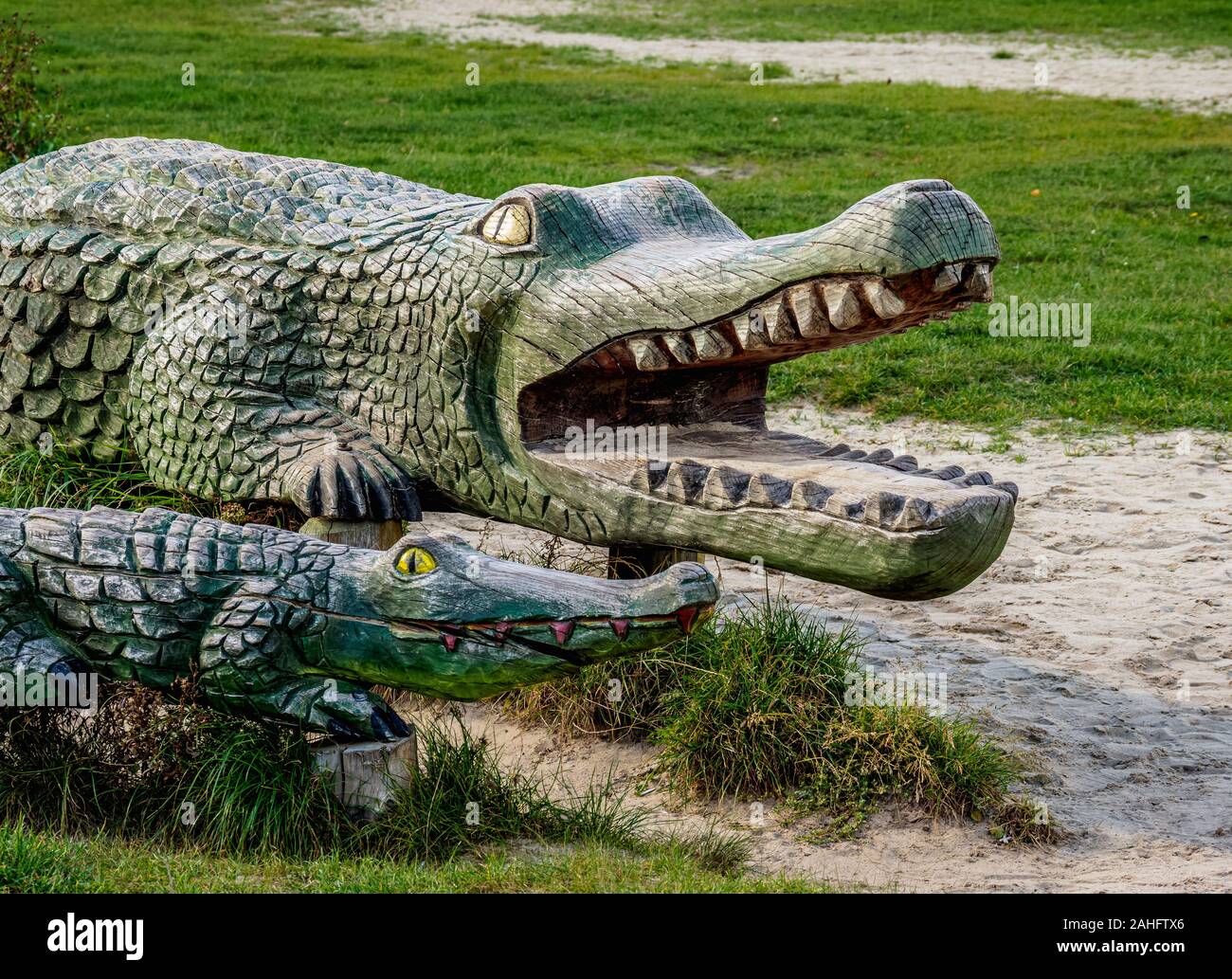 Crocodile en bois , par le lac, Okuninka, Lublin Voivodeship, Pologne Banque D'Images