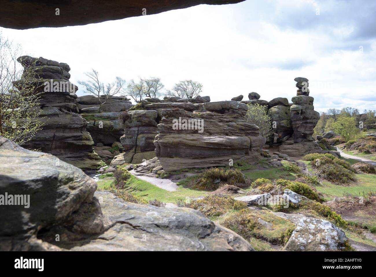 Des formations rocheuses naturelles dues aux intempéries, de glace et de vent à Brimham Rocks, North Yorkshire, Angleterre. R.-U. Banque D'Images
