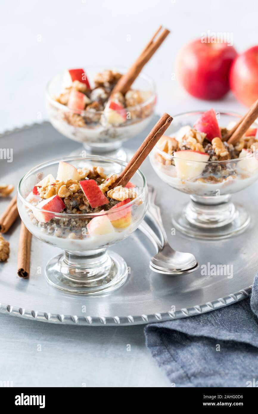 Une vue rapprochée de plats en verre rempli de coupe Acier mélangé avec de l'avoine, les graines de chanvre et les graines de chia et garni avec des morceaux de pommes, les noix et la cannelle. Banque D'Images