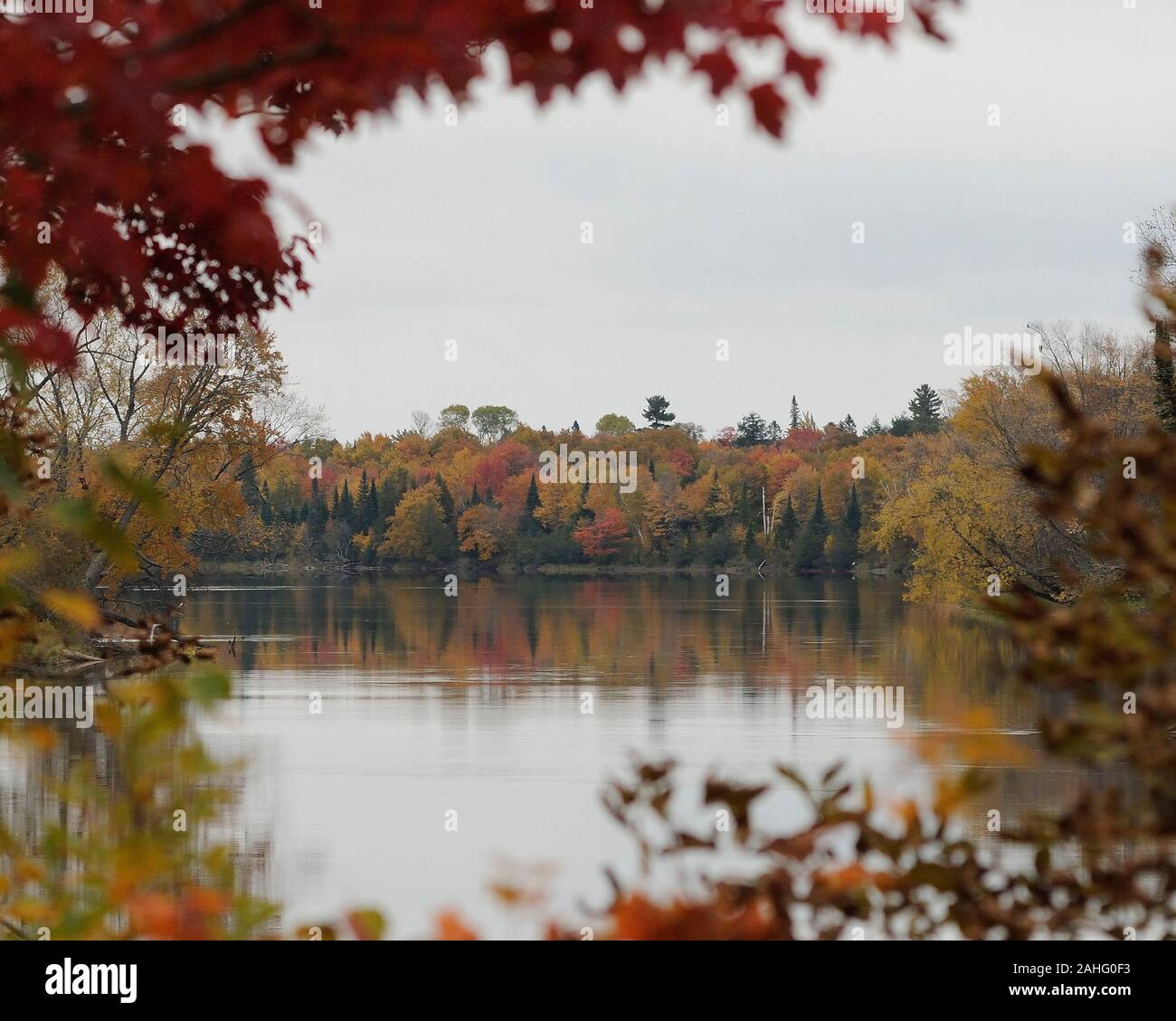 Décor de l'automne montrant rivière entourée d'arbres. Paysage d'automne colorés avec scène montrant la nature de la rivière, le ciel, les nuages avec un foregr feuillage Banque D'Images