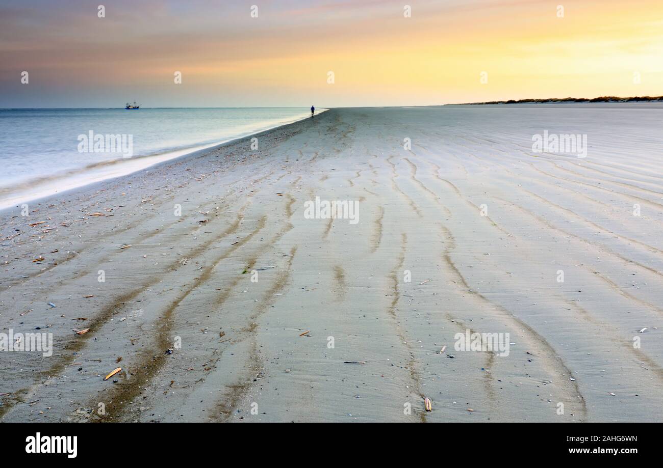 Silhouette solitaire sur la plage de sable de la mer du Nord à l'aube, Schiermonnikoog, Holland Banque D'Images